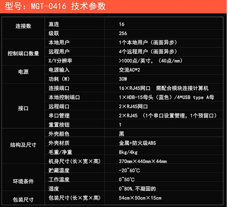MGT-0416一本地4远程16口矩阵式kvm交换机技术参数