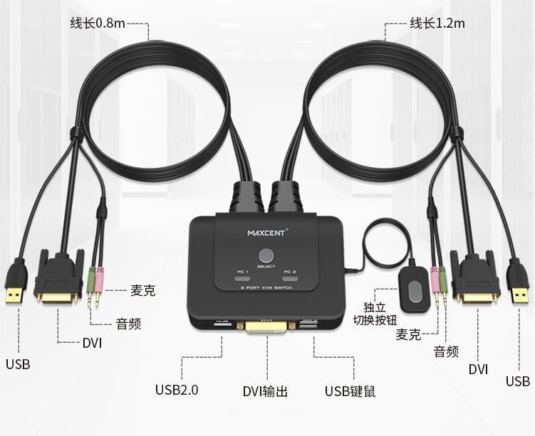 AE-102DA 麦森特2口DVI接口kvm切换器支持音频麦克打印机U盘
