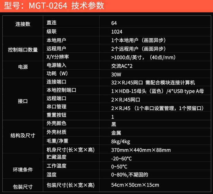 MGT-0264麦森特2远程1本地64口kvm切换器规格参数